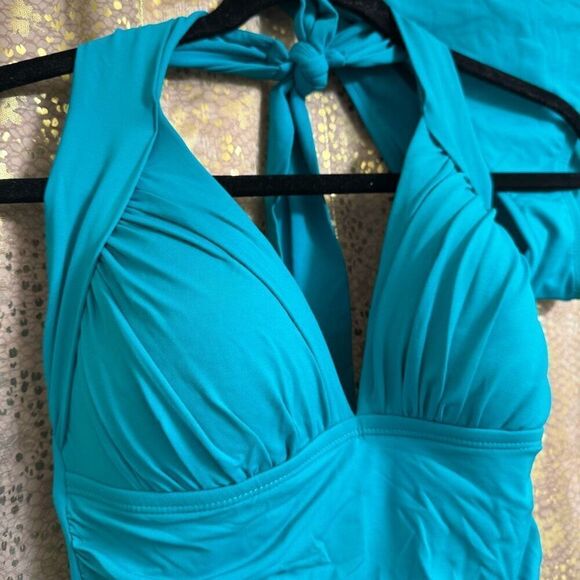 La Blanca Teal Turquoise Island Goddess Halter Tankini Swim Top Bottom Set 10 - Picture 2 of 11
